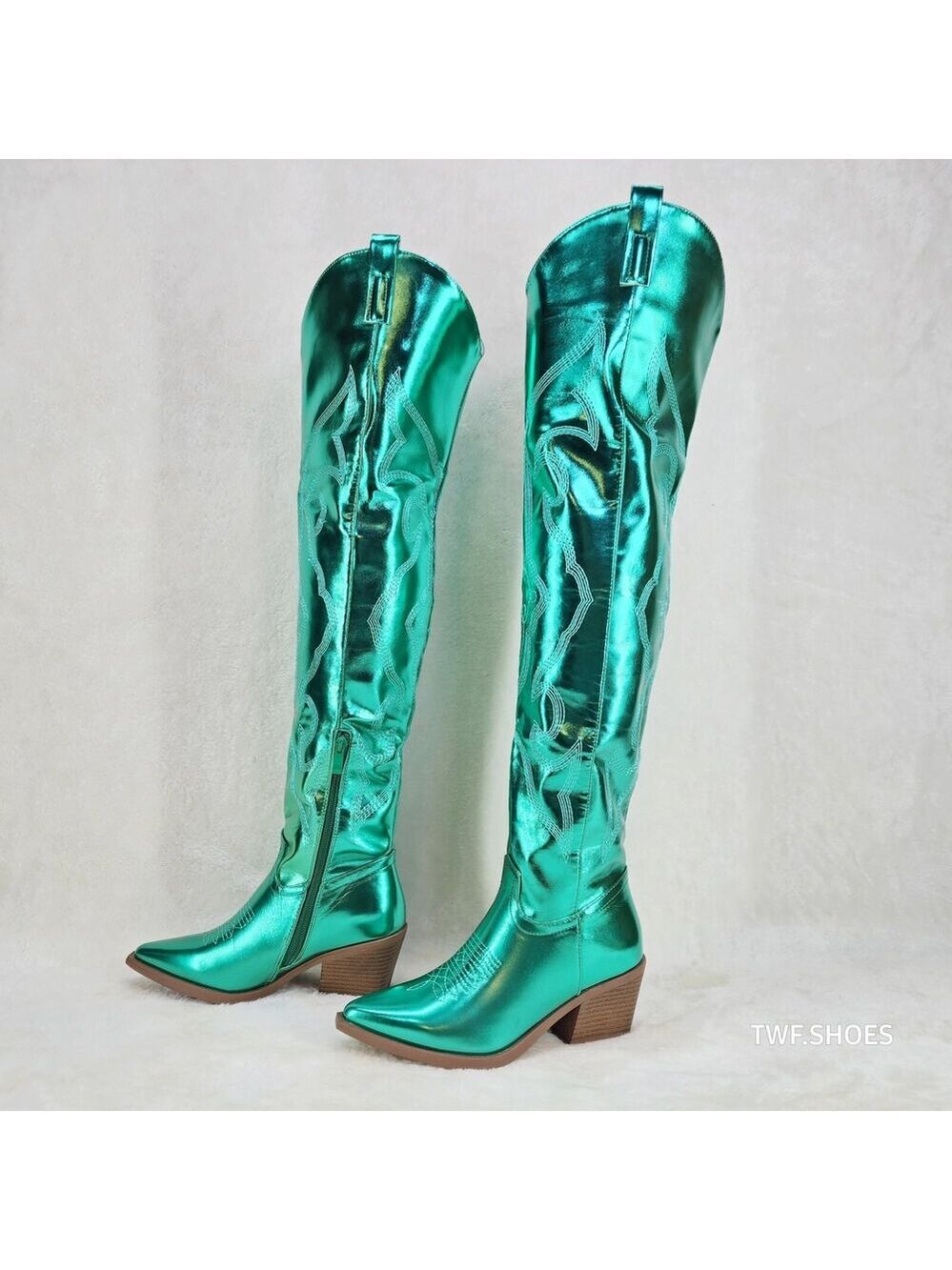 NIB Country Disco Cowboy Metallic Green Western Cowgirl OTK Thigh Boots - Picture 16 of 16